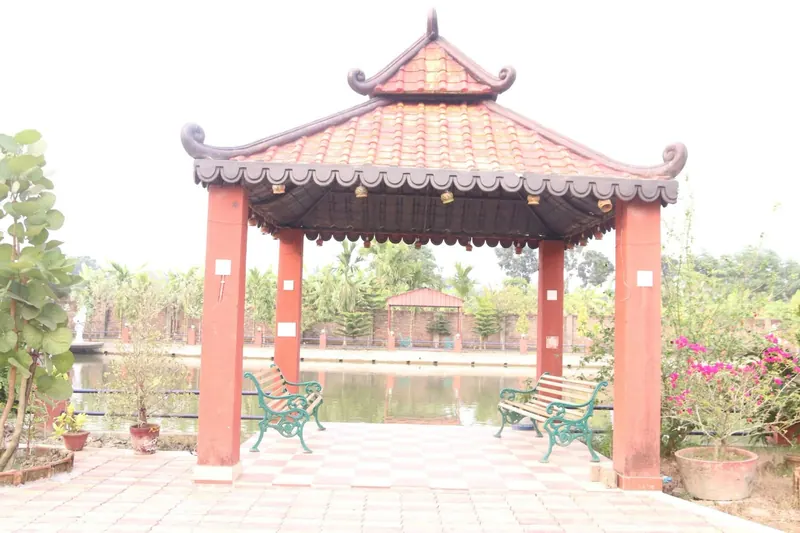Pagoda-style gazebo beside the pond