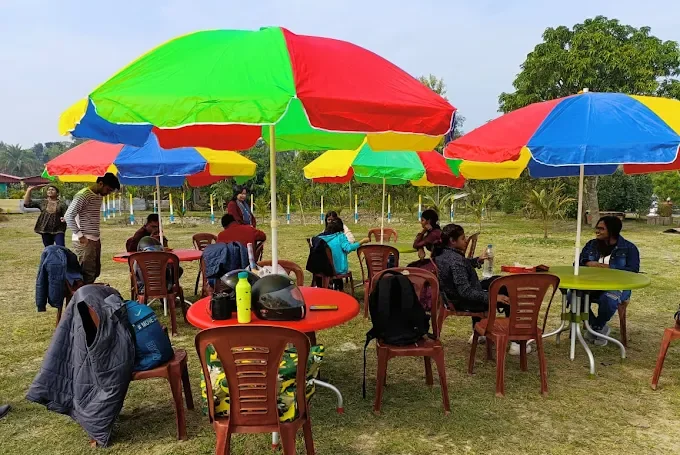 Colourful umbrellas over picnic tables and chairs on the lawn, with visitors seated